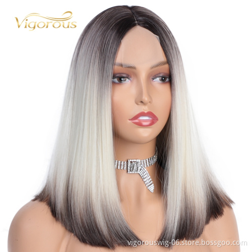 Dropshipping Short Straight Pre Plucked Ombre White Black Bob Lace Front For Women Fiber Wig Synthetic Hair